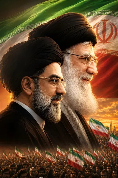 عکس پوستر سید مجتبی خامنه ای و پدر شهیدش در میان مردم انقلابی با پرچم ایران