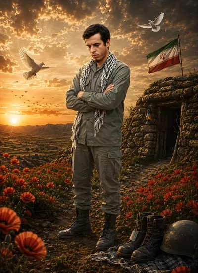 عکس پوستر شهید حسن باقری در جبهه با تصویر قوی و الهام بخش
