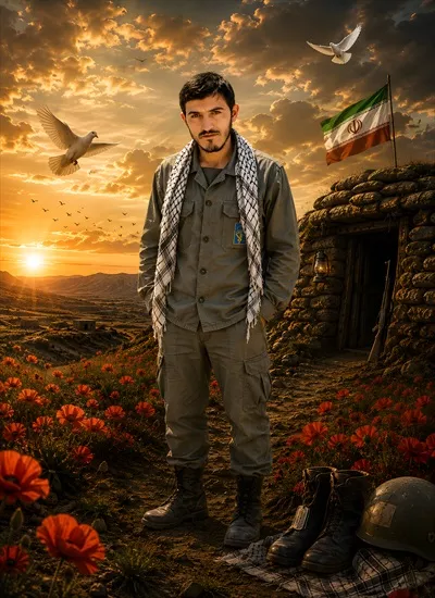 عکس پوستر شهید مهدی زین الدین در جبهه با تصویر قهرمانانه
