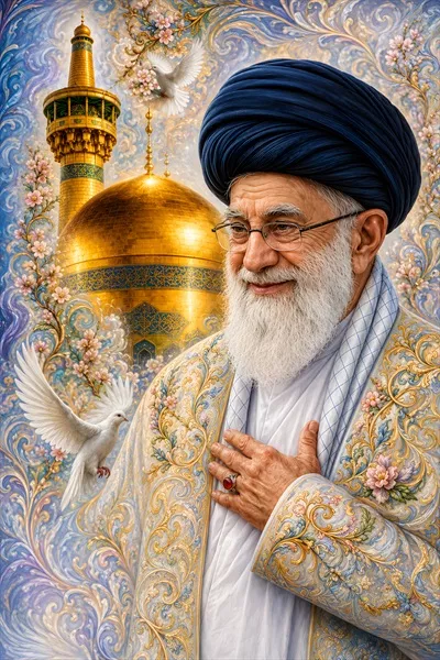 عکس پوستر مینیاتوری حضرت امام خامنه ای با حرم امام رضا