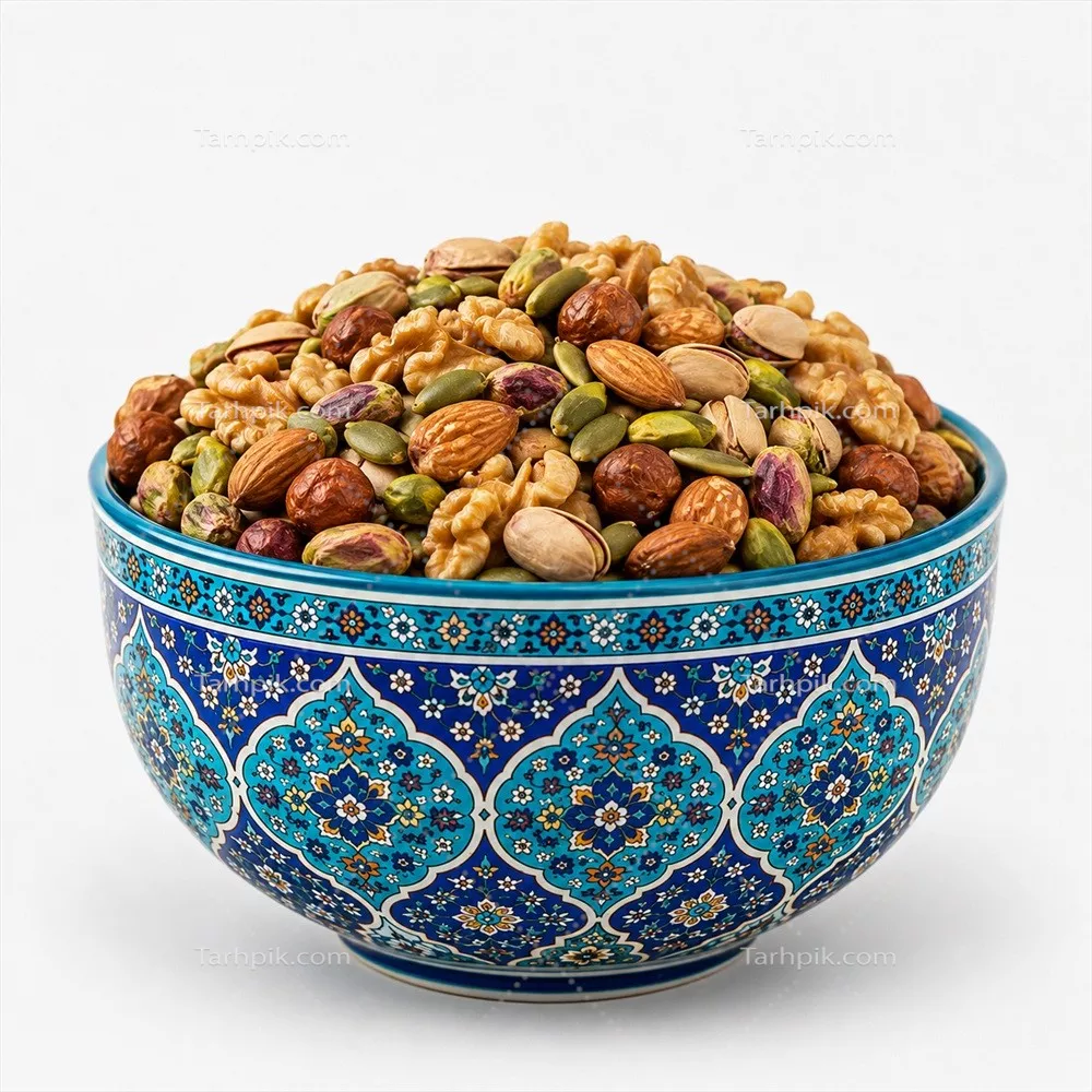 عکس آجیل عید داخل ظرف با طراحی و نقش و نگار ایرانی زیبا و جذاب