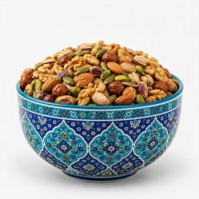 عکس آجیل عید داخل ظرف با طراحی و نقش و نگار ایرانی زیبا و جذاب