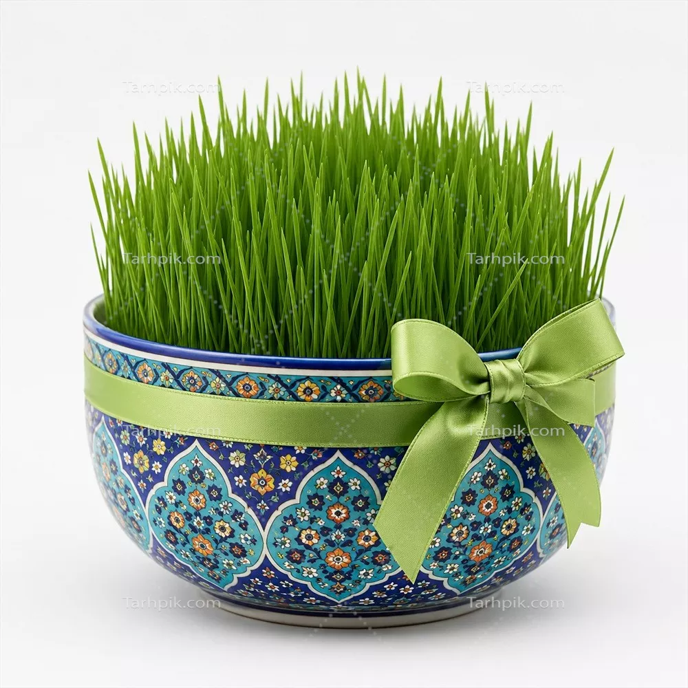 عکس سبزه داخل ظرف با طراحی و نقش و نگار ایرانی برای سفره هفت سین