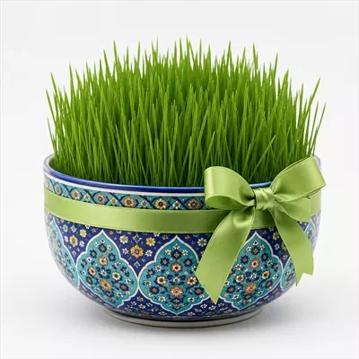 عکس سبزه داخل ظرف با طراحی و نقش و نگار ایرانی برای سفره هفت سین