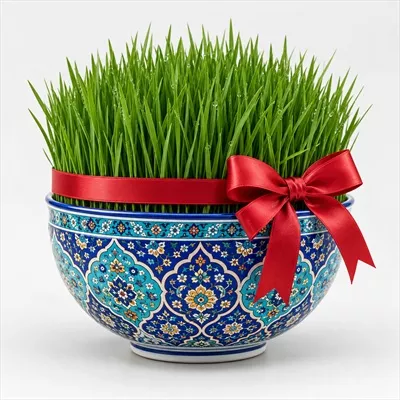 عکس سبزه عید داخل ظرف با طراحی ایرانی برای تزئین سفره هفت سین