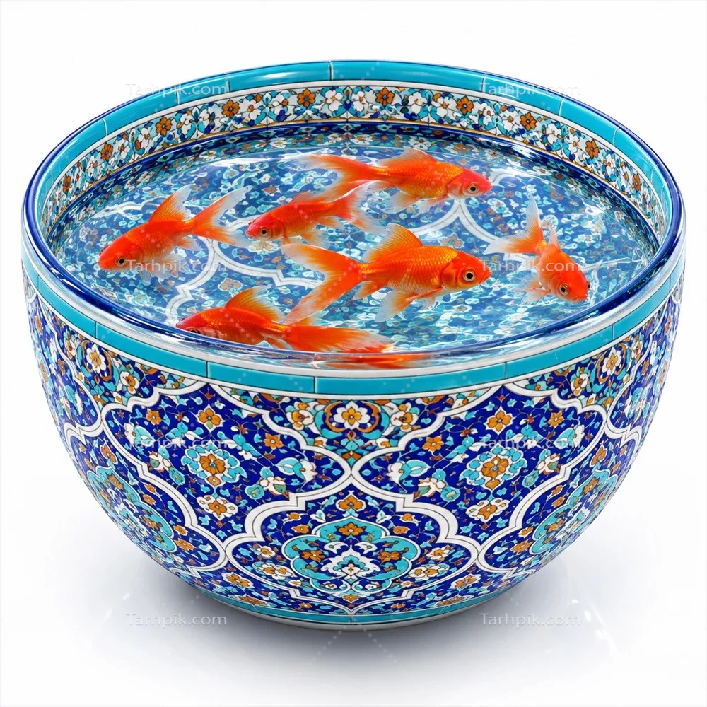 عکس ماهی عید داخل ظرف با نقش و نگار ایرانی برای سفره هفت سین