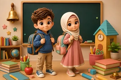 عکس پوستر بازگشت به مدرسه با کاراکتر دختر و پسر بچه فانتزی