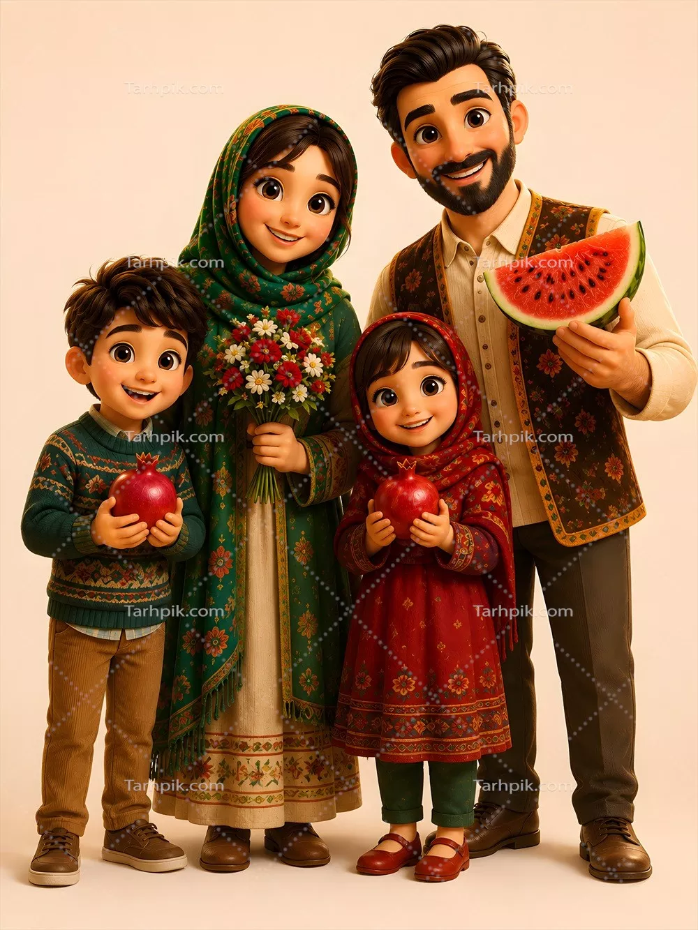 عکس پوستر تصویر سازی شب یلدا با خانواده ایرانی ایستاده و شاد