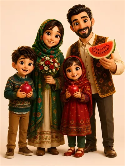 عکس پوستر تصویر سازی شب یلدا با خانواده ایرانی ایستاده و شاد