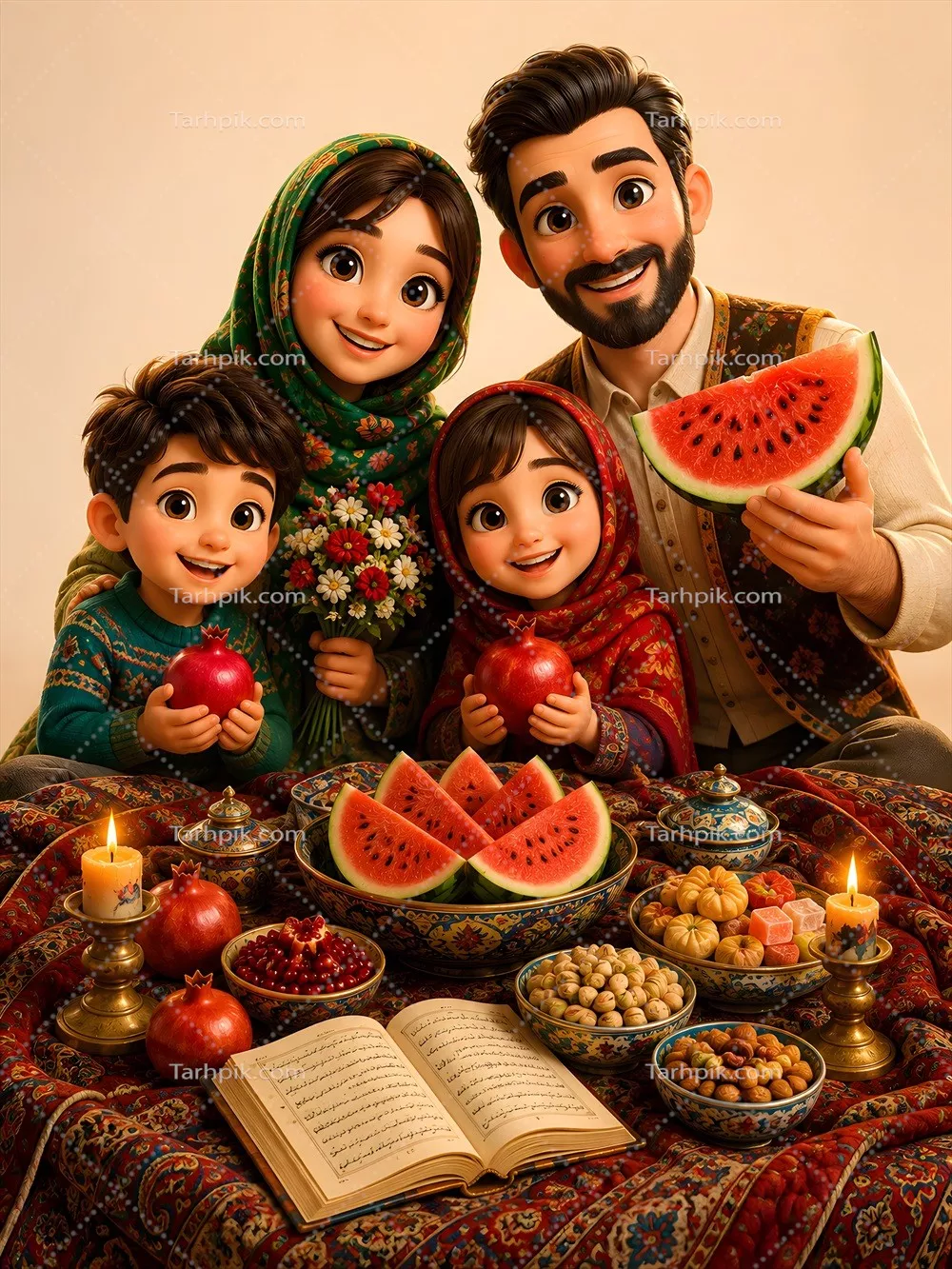 عکس پوستر تصویر سازی شب یلدا با خانواده ایرانی و سنت های زیبا