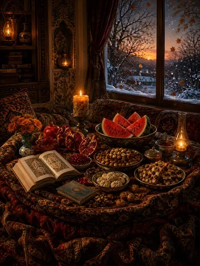عکس پوستر تصویر سازی شب یلدا با المان های سنتی و زیبا