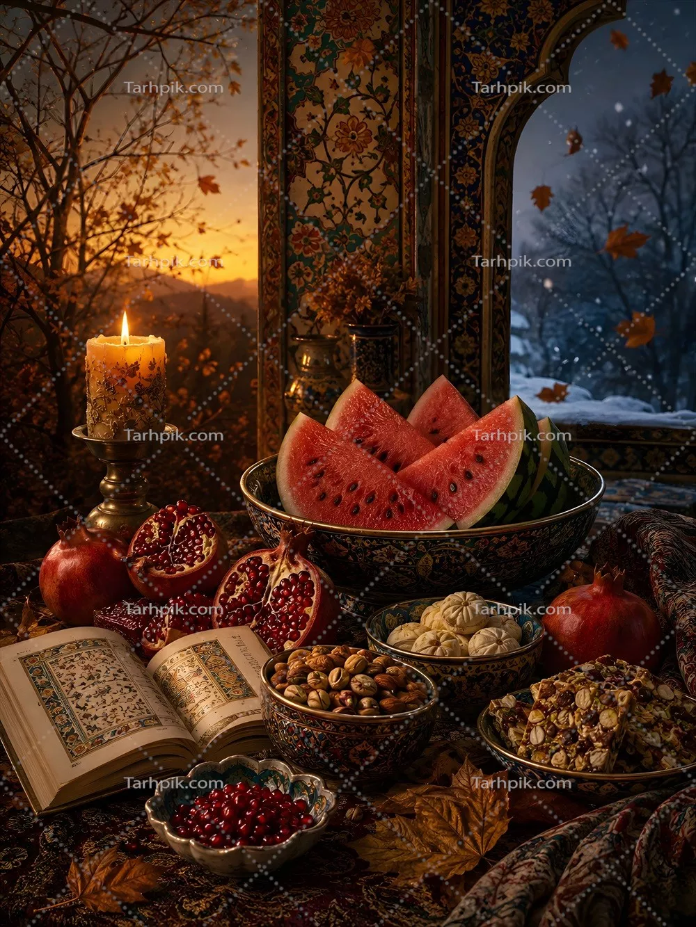 عکس پوستر تصویرسازی شب چله با المان های سنتی و زیبا