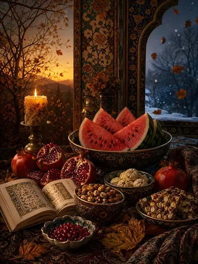 عکس پوستر تصویرسازی شب چله با المان های سنتی و زیبا