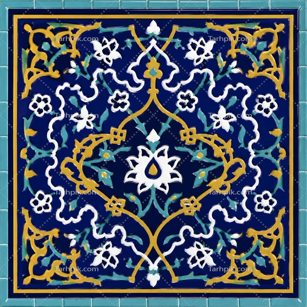 عکس کاشی مربعی فیروزه با نقش و نگار سنتی و جذاب