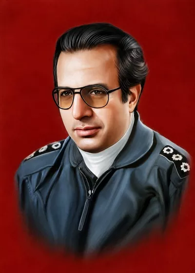 عکس شهید جواد فکوری در پس زمینه قرمز و یادآوری فداکاری