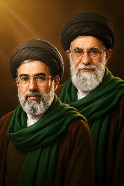 عکس پوستر سید مجتبی خامنه ای و پدرش رهبر شهید با طراحی زیبا