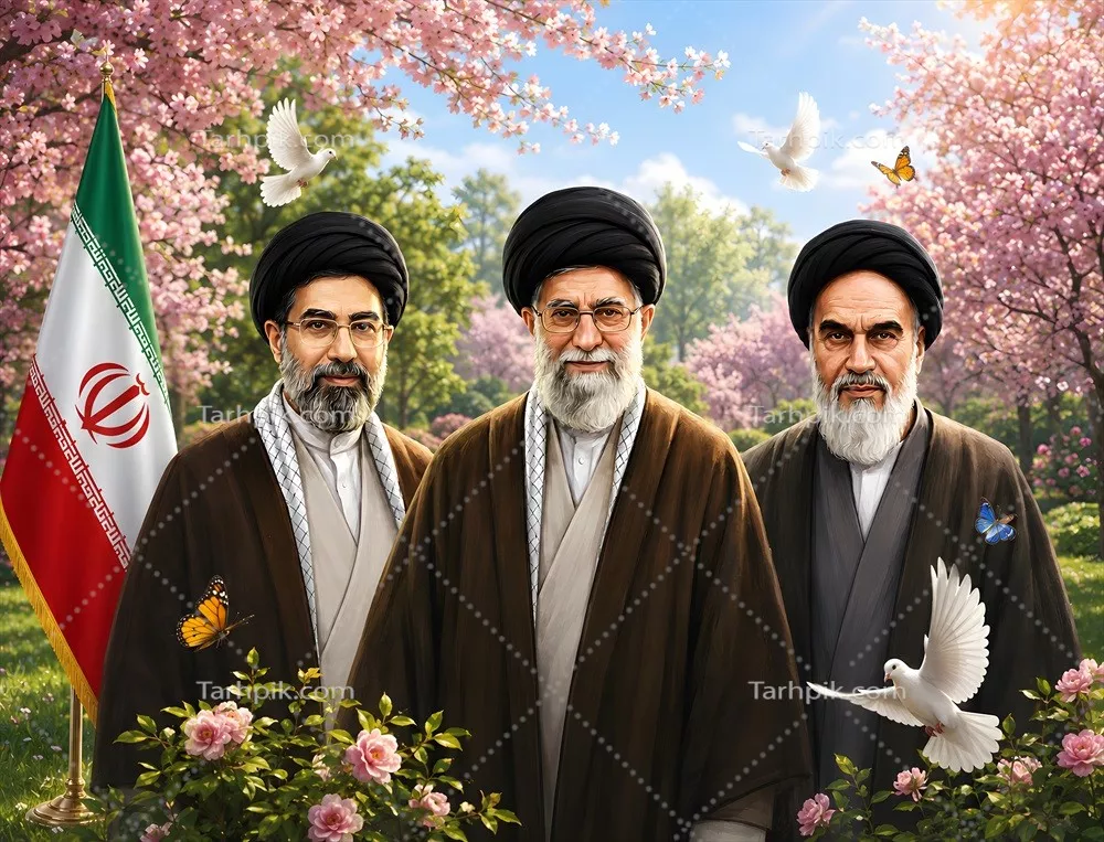 عکس آیت الله خمینی، آیت الله خامنه ای و پدرش در میان شکوفه ها 