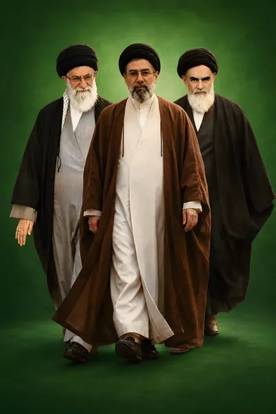 عکس پوستر رهبران الهی با پس زمینه سبز و نمادهای اسلامی
