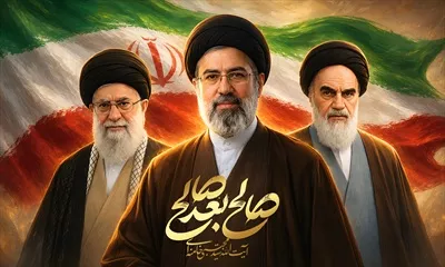 عکس پوستر رهبران انقلاب با نوشته صالح بعد صالح و پرچم ایران