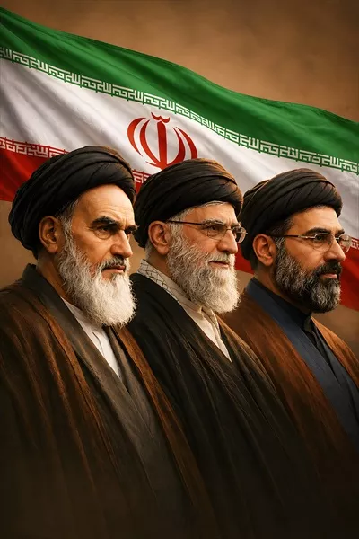 عکس پوستر رهبری با پرچم در پس زمینه و نمادهای ملی ایران