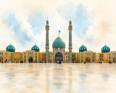 عکس مسجد جمکران با کیفیت بالا و پس‌زمینه‌ی رنگ‌آمیزی آبرنگی