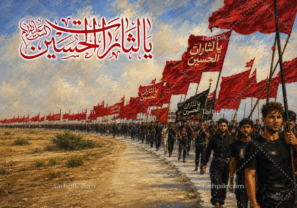 عکس پوستر پیاده‌روی اربعین با متن یالثارات الحسین برای تقویت پیام عاشورا