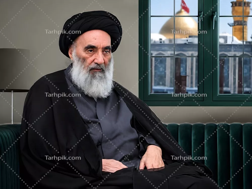 عکس پوستر با کیفیت بالا از سید علی سیستانی، یکی از بزرگترین علما و مراجع شیعه