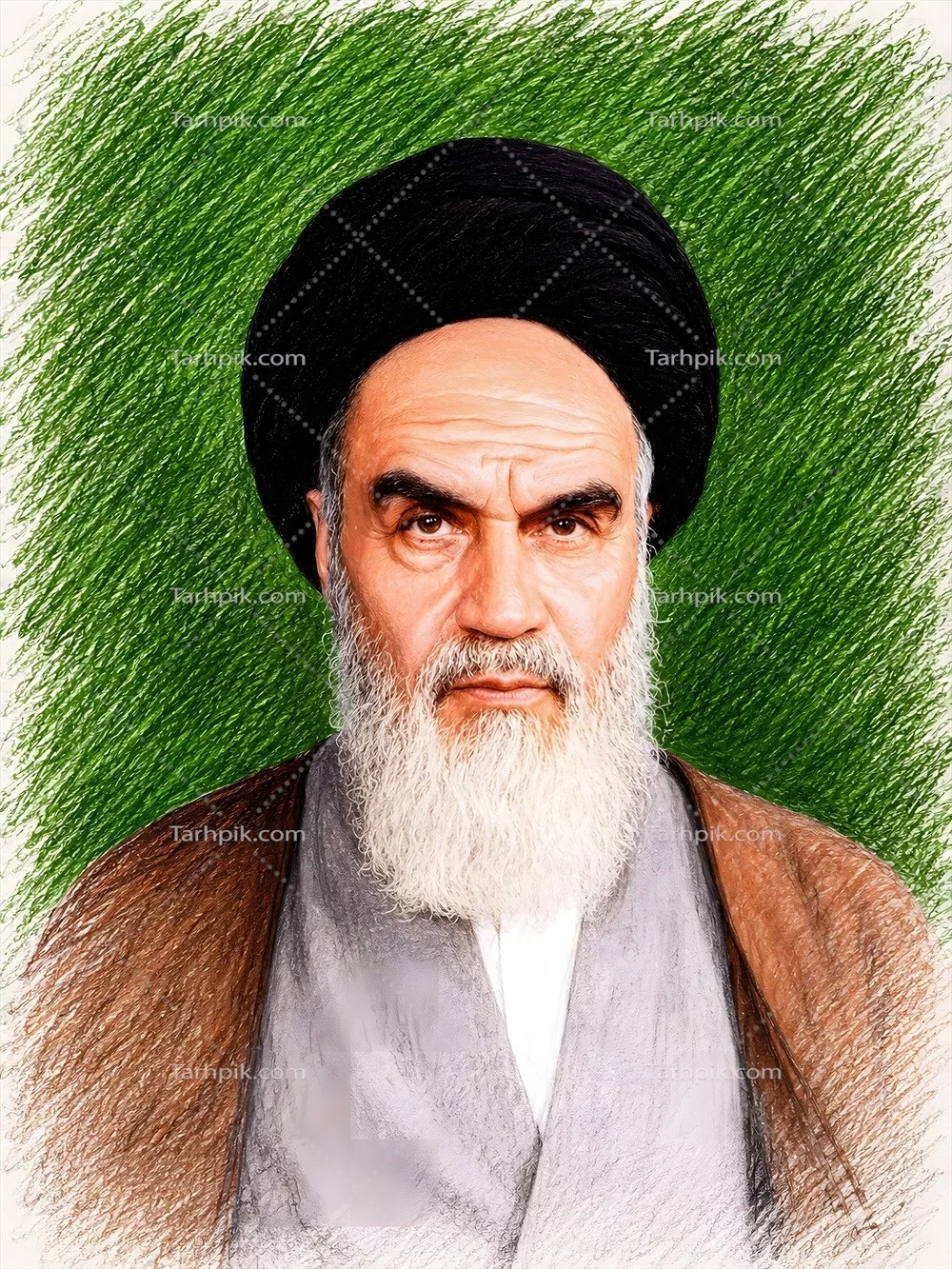 عکس تابلو نقاشی امام خمینی بر روی زمینه سبز با جزئیات زیبا