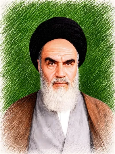 عکس تابلو نقاشی امام خمینی بر روی زمینه سبز با جزئیات زیبا