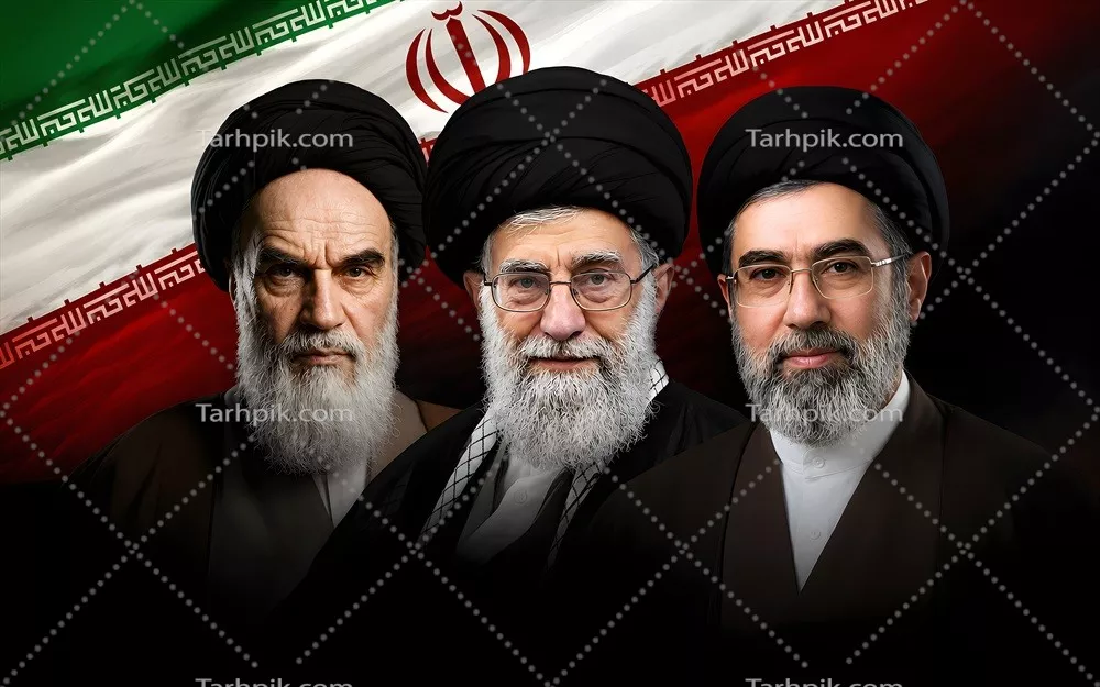 عکس پوستر رهبران انقلابی: امام خمینی، سید مجتبی خامنهای و پدر ایشان