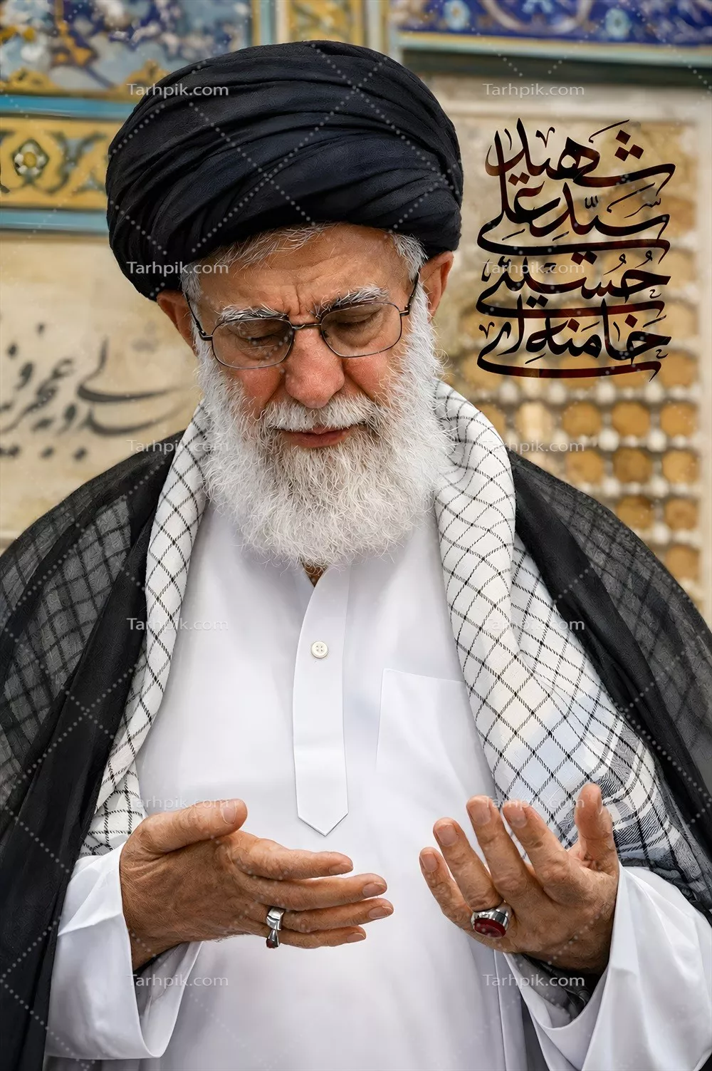 عکس پوستر سید علی خامنهای در حال دعا به همراه لحظات معنوی و روحانی