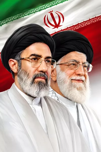 عکس پوستر سید مجتبی خامنهای و پدرشان سید علی خامنهای در یک قاب با پس زمینه پرچم ایران