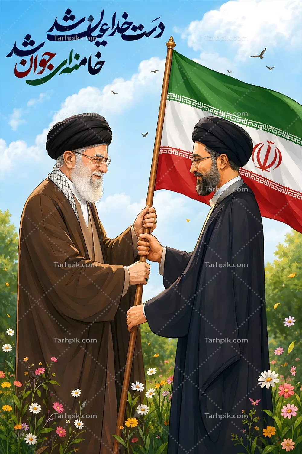 عکس پوستر سید مجتبی خامنهای در کنار پدر بزرگوارش سید علی خامنهای