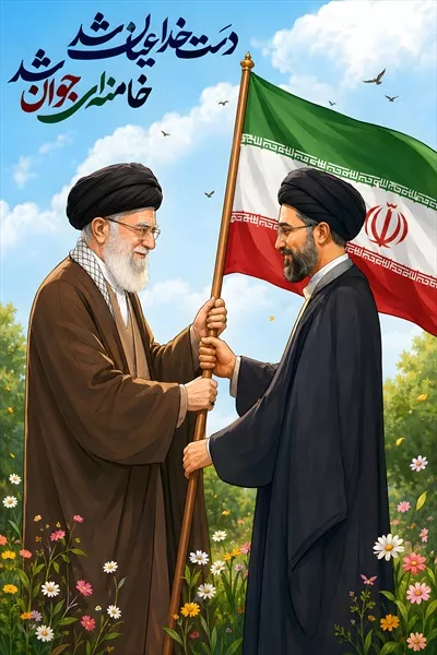 عکس پوستر سید مجتبی خامنهای در کنار پدر بزرگوارش سید علی خامنهای