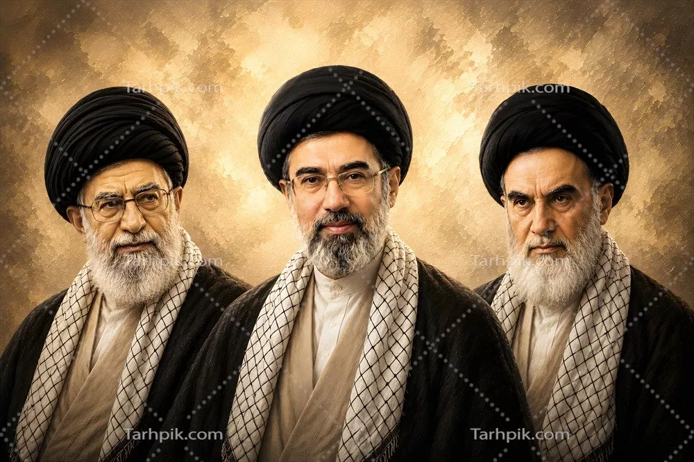 عکس پوستر سه رهبر انقلابی: آیتالله خمینی، سید مجتبی خامنهای و پدرش