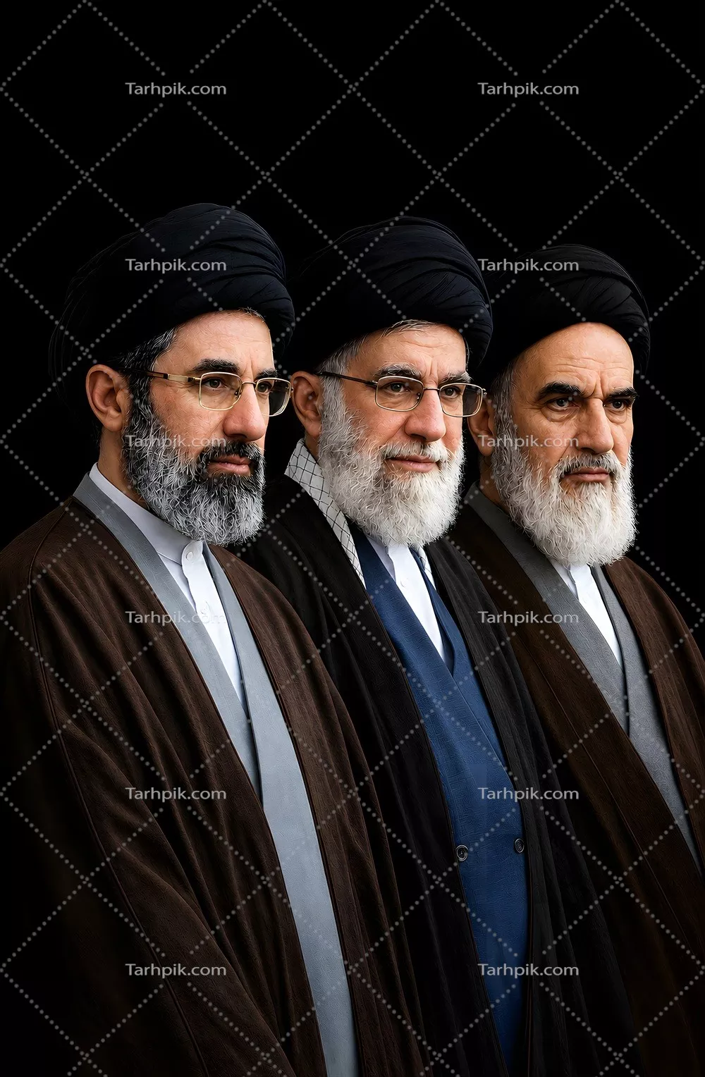 عکس پوستر سه رهبر انقلابی: امام خمینی، سید مجتبی خامنه ای و پدرش
