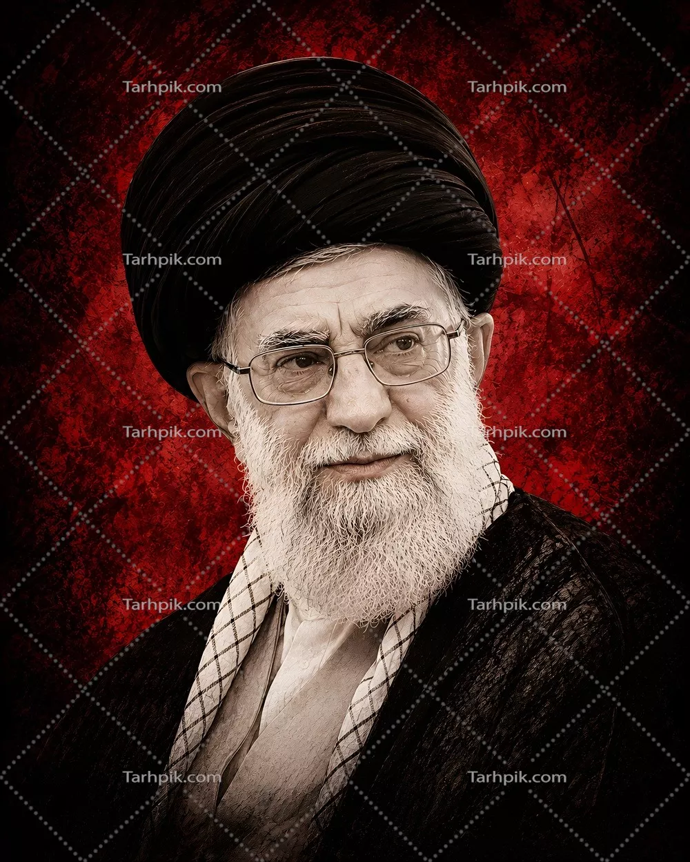 عکس پوستر امام خامنهای با پسزمینه قرمز تیره و جذاب