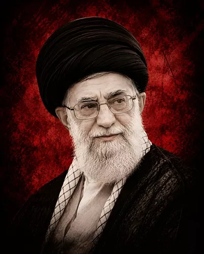 عکس پوستر امام خامنهای با پسزمینه قرمز تیره و جذاب