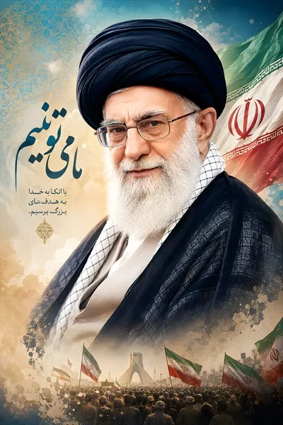 عکس پوستر سید علی خامنهای با پرچم ایران و نمایی از مردم انقلابی