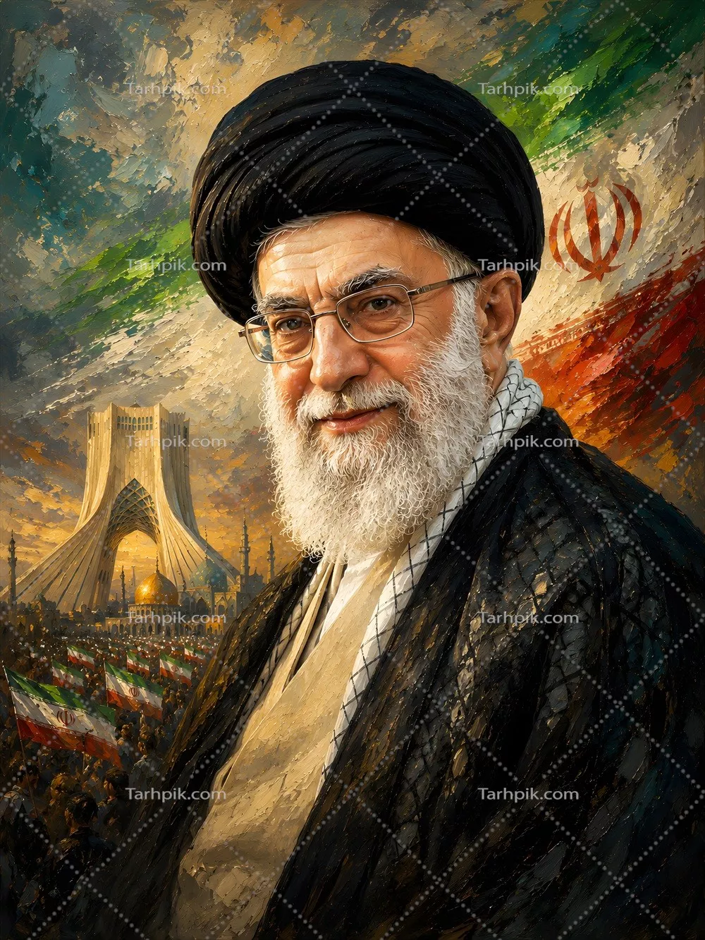 عکس پوستر سید علی خامنهای با پرچم ایران و میدان آزادی