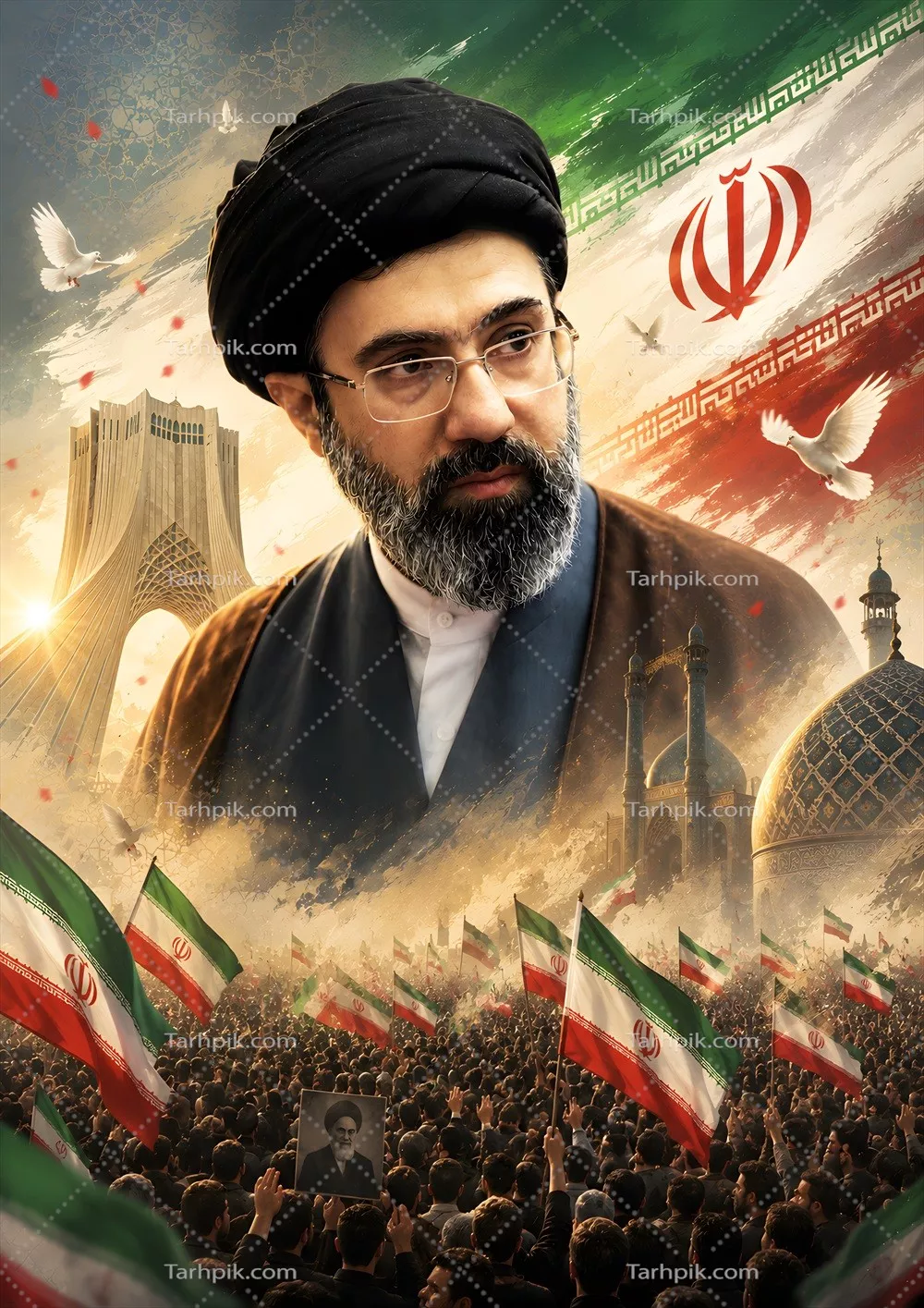 عکس پوستر سید مجتبی خامنه ای با پرچم ایران در میدان آزادی و مردم انقلابی