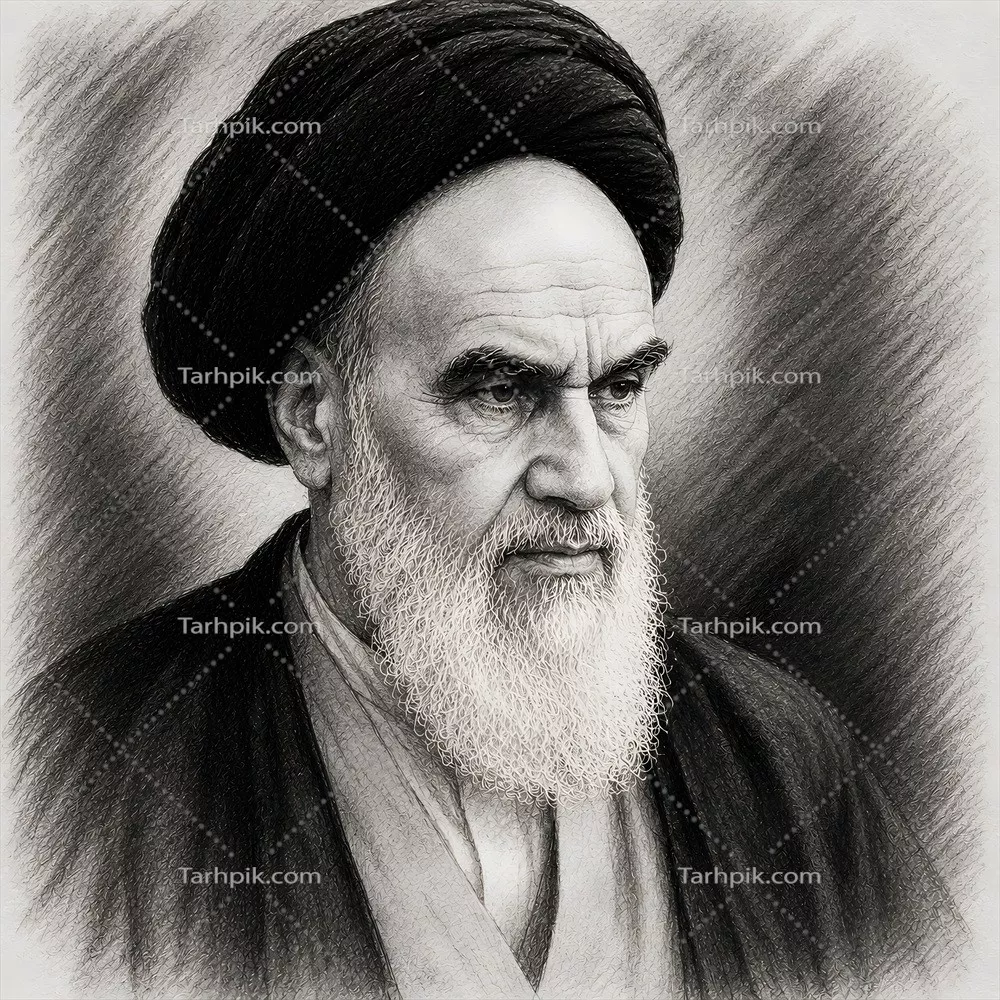 عکس پوستر طراحی شده به سبک سیاه قلم از امام خمینی، نماد انقلاب اسلامی