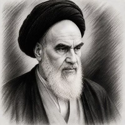 عکس پوستر طراحی شده به سبک سیاه قلم از امام خمینی، نماد انقلاب اسلامی