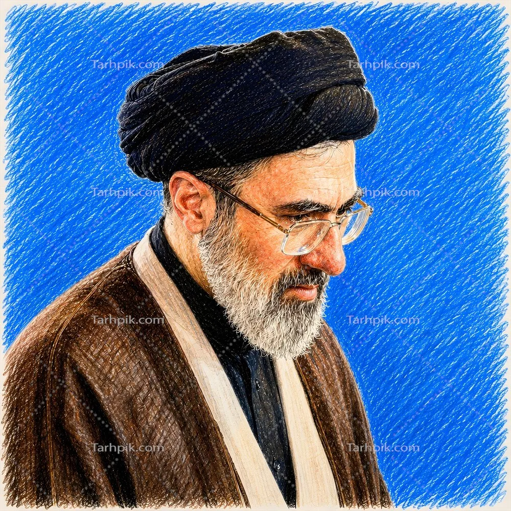 عکس پوستر گرافیکی سید مجتبی خامنهای با پسزمینه آبی زیبا و جذاب