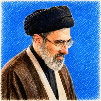 عکس پوستر گرافیکی سید مجتبی خامنهای با پسزمینه آبی زیبا و جذاب