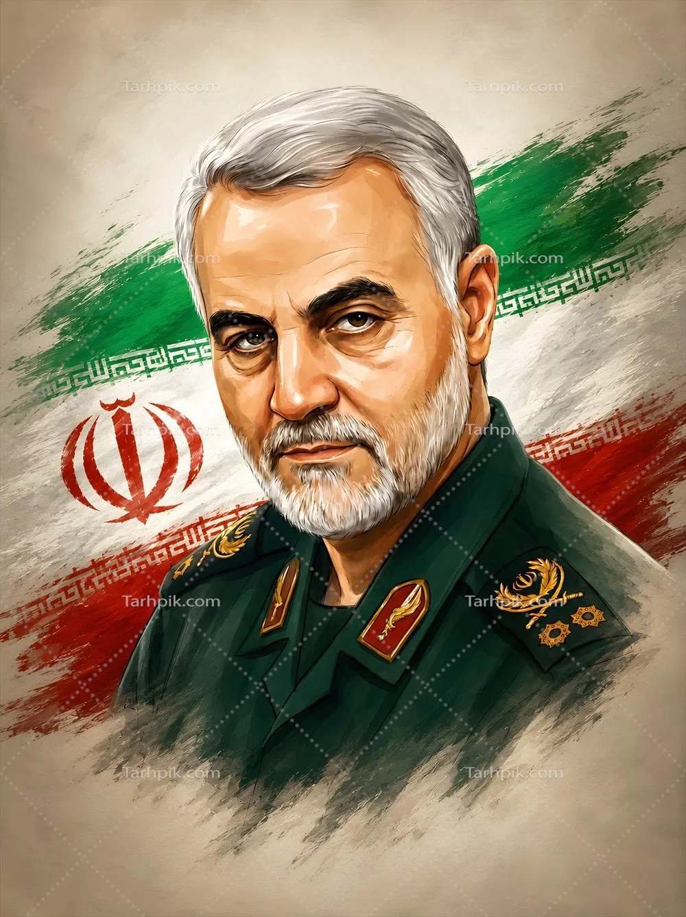 عکس پوستر با کیفیت بالا از سردار دلها، حاج قاسم سلیمانی با پرچم ایران در پسزمینه