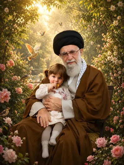 عکس پوستر آیتالله خامنهای و نوه شهیدش در بهشت در میان گلها و پرندگان