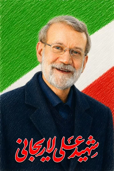 عکس پوستر شهید علی لاریجانی با پرچم ایران و یادمان شجاعت و فداکاری