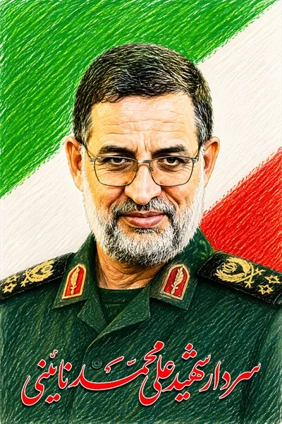 عکس پوستر شهید علی محمد نائینی با پرچم ایران - تجسمی از وطن و فداکاری