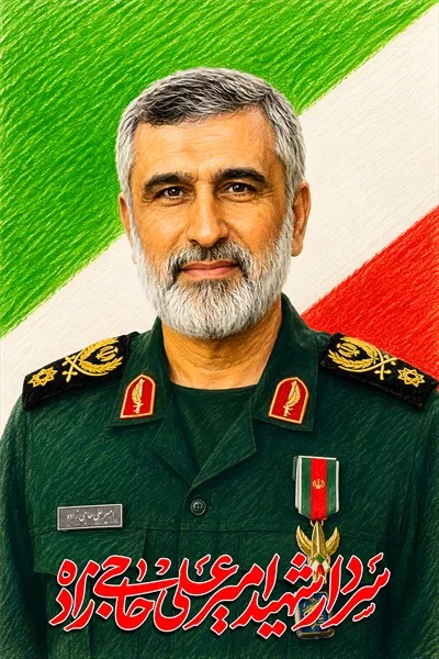 عکس پوستر شهید امیرعلی حاجی‌زاده با پرچم ایران - نمادی از فداکاری و ملیت